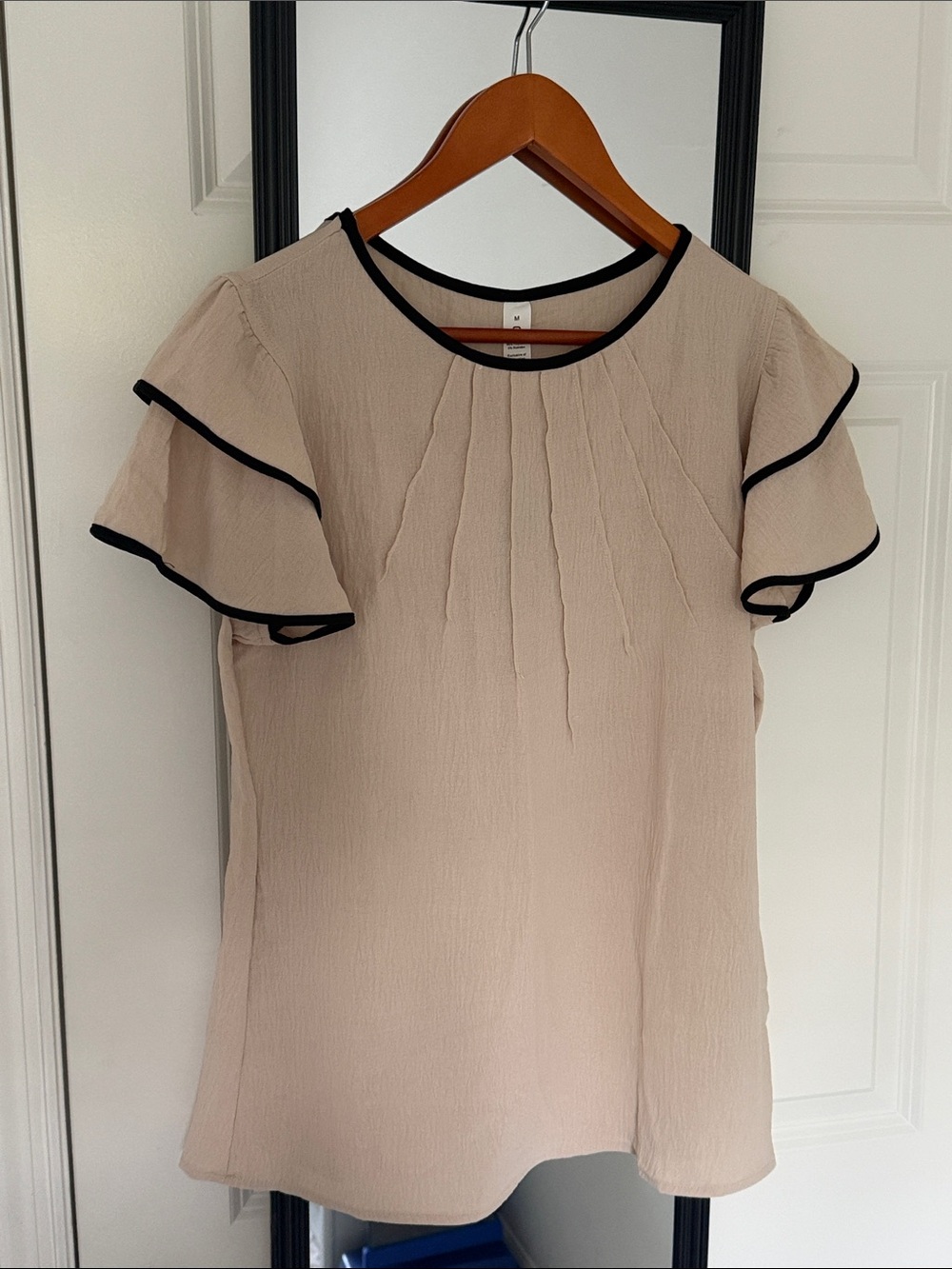 Light Pink Ruffle Sleeve Blouse with Black Trim